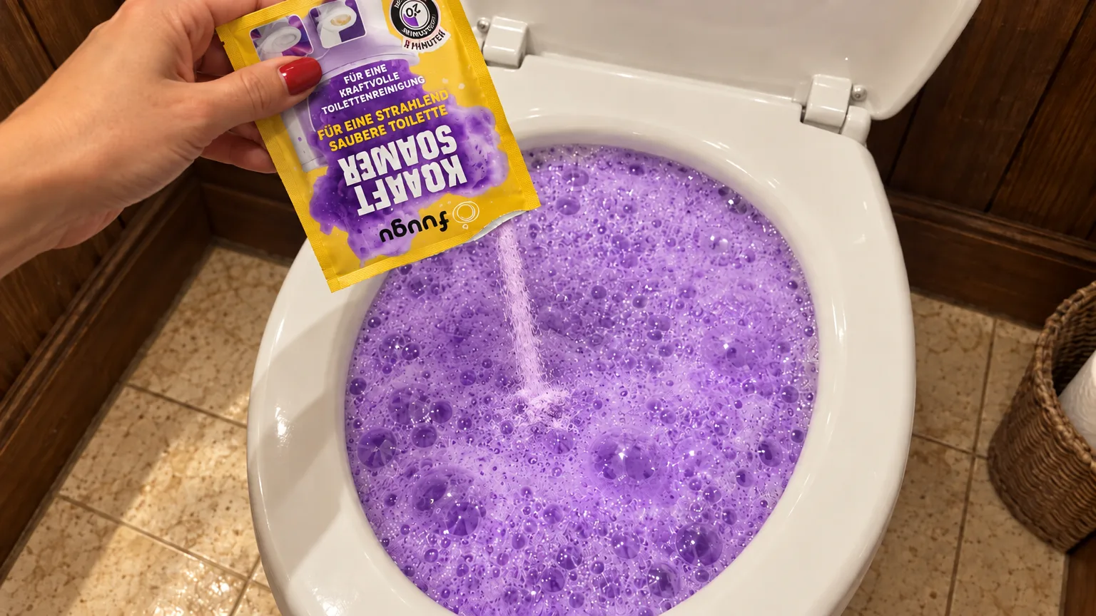 Eine Hand hält einen aufgerissenen Fuugu-Beutel kopfüber, lila Pulver rieselt aus der Öffnung in ein Toilettenbecken voller lila Schaum