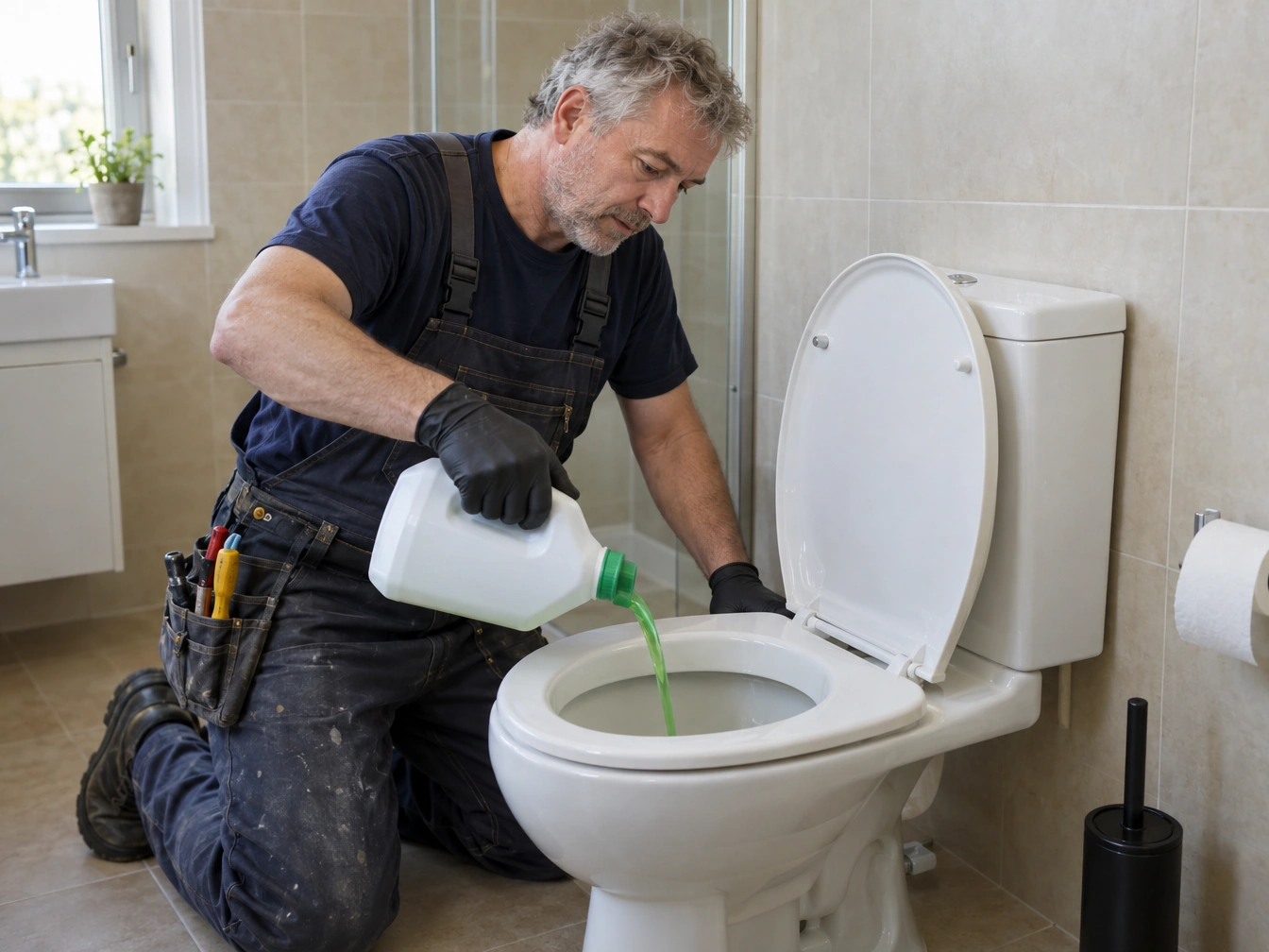Installateur gießt grünen chemischen Rohrreiniger in eine Toilette