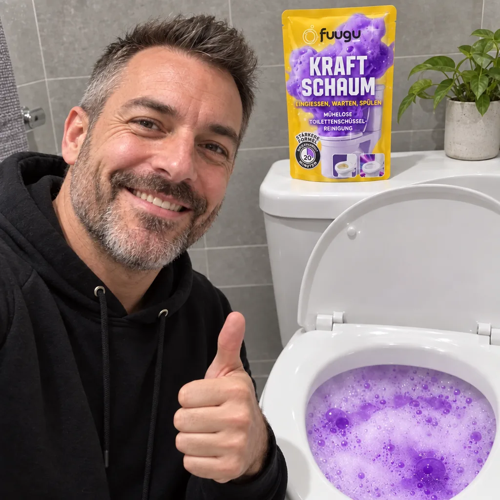 Mann im Hoodie zeigt Daumen hoch, ein Fuugu-Beutel liegt auf dem Spülkasten