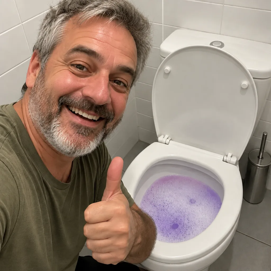 Bärtiger Mann zeigt Daumen hoch neben einer schäumenden Toilette