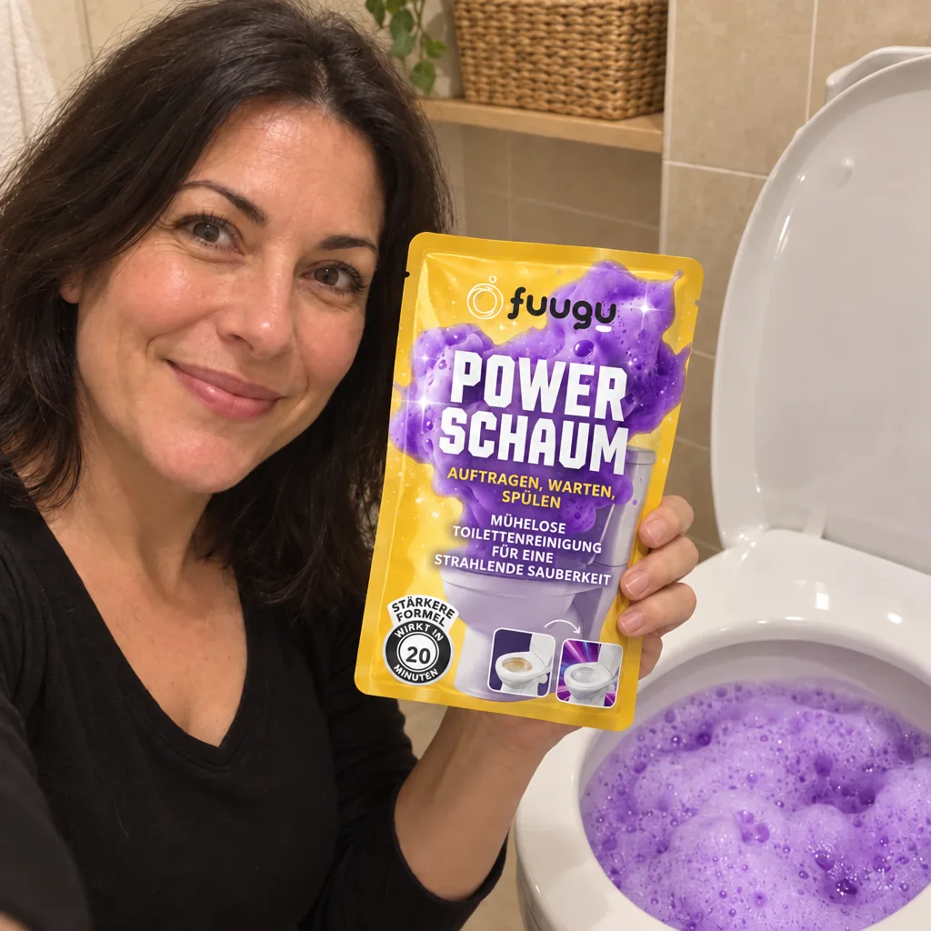 Frau hält einen Fuugu-Beutel neben einer schäumenden Toilette